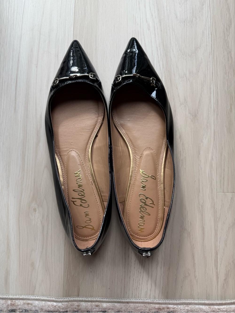Sam Edelman Black Patent Pointed Toe Flats with Horsebit Detail